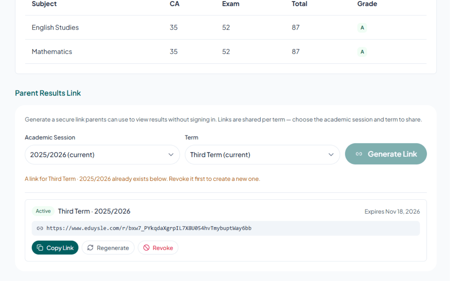 Parent-facing result page showing a student's subjects, scores and term average with the school badge